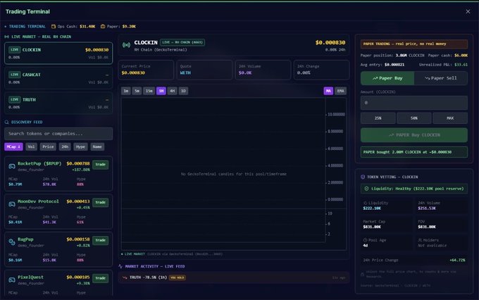 A 'Trading Terminal' interface shows options to trade items like CLOCKEIN, RocketPop ($RPEP), and DoomDev Protocol, with a balance of $32.00 displayed.