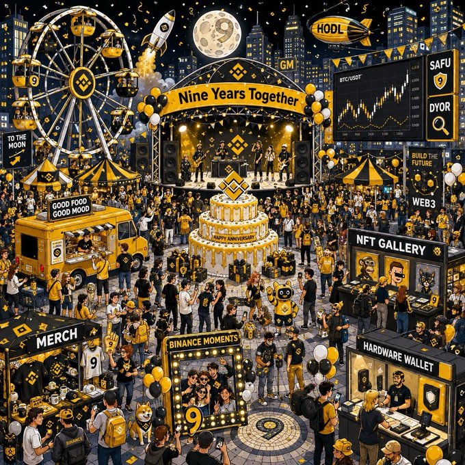 A vibrant "Nine Years Together" Binance anniversary celebration scene featuring a ferris wheel, live band stage, giant anniversary cake, and bustling booths for food, merch, NFT gallery, and hardware wallet—set in a golden-themed cityscape with "BinanceMoments" photo area, highlighting the 9th anniversary party mentioned in the post alongside winners like @CRYPTOPALACE_, @danle7x, and @oceanscarr.