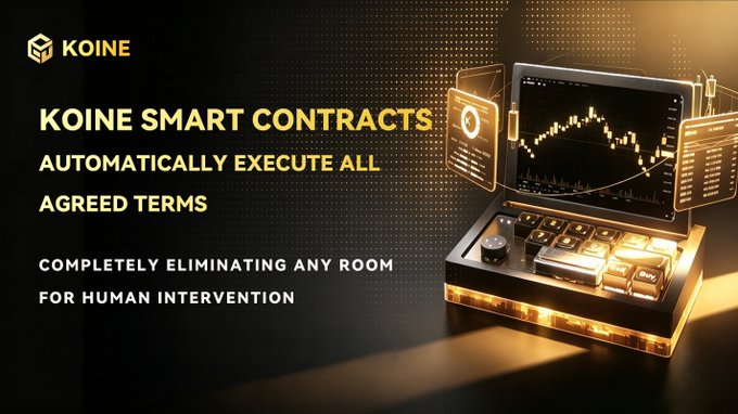 A promotional graphic for "KOINE SMART CONTRACTS" featuring the tagline "AUTOMATICALLY EXECUTE ALL AGREED TERMS" and "COMPLETELY ELIMINATING ANY ROOM FOR HUMAN INTERVENTION." The right side displays a stylized device with a stock chart screen, visually reinforcing the post's message about how KOINE smart contracts ensure transparent, automated execution without human interference.