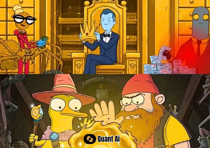 A split cartoon-style image shows wealthy animated characters with money and a crown above, contrasted with two characters looking at a glowing 'Quant Ai' object below.