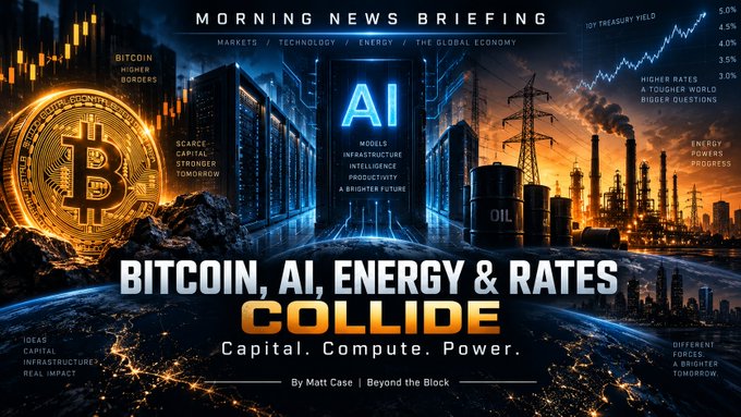 A 'MORNING NEWS BRIEFING' thumbnail titled 'BITCOIN, AI, ENERGY & RATES COLLIDE' by Matt Case for Beyond the Block, featuring visuals of a Bitcoin, AI server, and oil refinery.