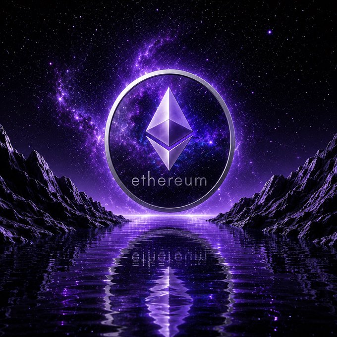 The image features the Ethereum logo and the word "ethereum" floating above a reflective cosmic landscape under a vibrant purple starry sky, visually reinforcing the post's confident message that "Ethereum will win."