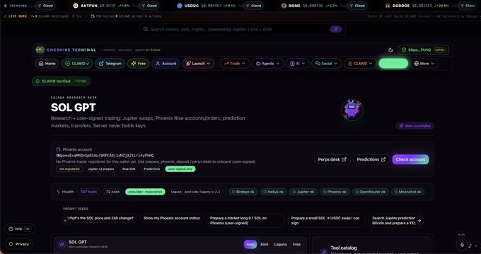 A dark-themed cryptocurrency research terminal webpage for 'SOL GPT' describing it as 'Research = user-signed trading: Jupiter swaps, Phoenix Rise accounts/orders, prediction markets, transfers. Server never holds keys' with various prompt seeds and metrics.