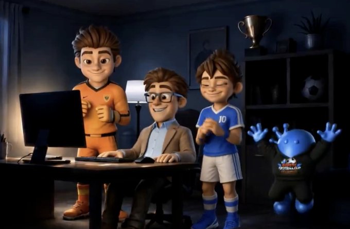 Three animated characters—a soccer player in an orange jersey, a bespectacled man in a blazer at a computer, and another player in a blue "10" jersey—gather with a small blue mascot cheering them on in a dimly lit room featuring a trophy and soccer ball on shelves.

The image appears unrelated to the post, which discusses MindGames AI rankings, consistency, and referrals, while the cartoon scene depicts a cheerful gaming or study moment among stylized sports-themed characters.