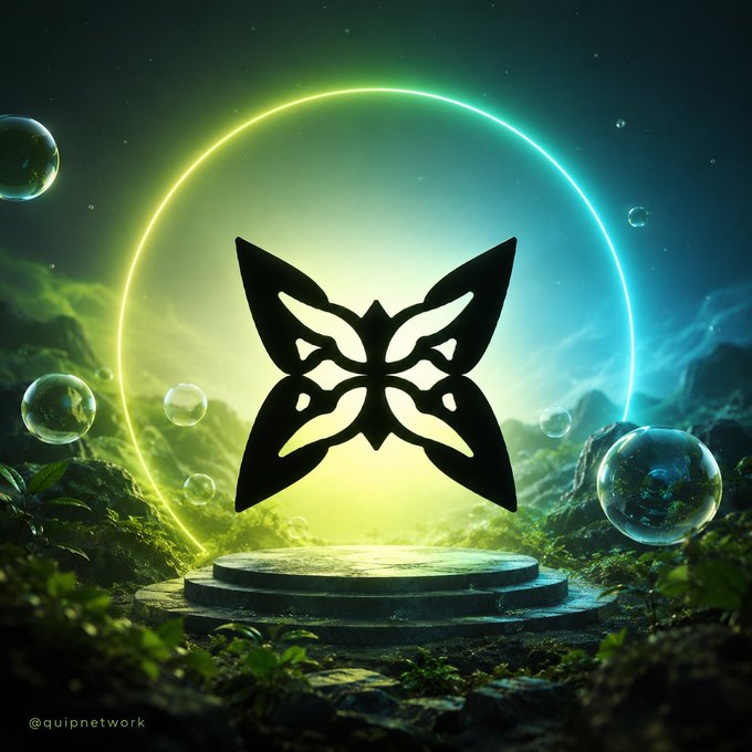 A black butterfly-like emblem floats above a glowing circular portal framed by green and cyan light, set on a stone pedestal surrounded by floating orbs and lush foliage, with "@quipnetwork" visible in the corner. The mystical portal imagery symbolizes the gateway to quantum technology that QuipNetwork aims to open for global access.