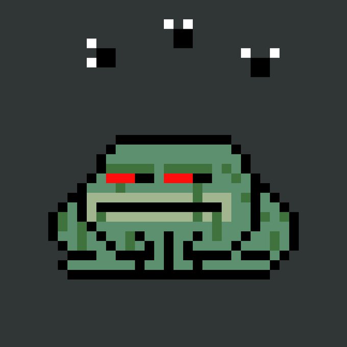 A pixel art illustration of a green, blob-like creature with red eyes and a wide mouth, floating on a dark gray background with three small white and black shapes above it.