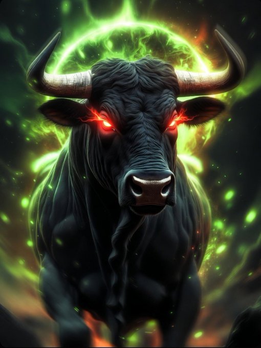 A dramatic digital illustration of a black bull with glowing red eyes surrounded by an aura of green flames and energy.