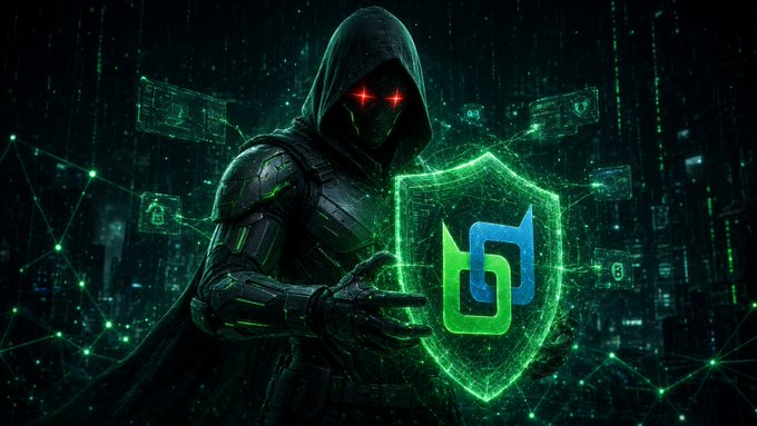 A hooded, cyber-style figure with glowing red eyes holds a green digital shield featuring a logo, surrounded by lock icons and a network of green nodes, symbolizing privacy and security—fitting for a post about trying the new BeldexCoin ($BDX) bridge and emphasizing secure, smooth cross-chain transfers alongside encrypted BChat messaging.