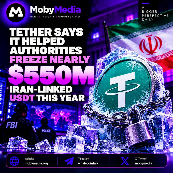A MobyMedia promotional graphic titled "TETHER SAYS IT HELPED AUTHORITIES FREEZE NEARLY $550M IRAN-LINKED USDT THIS YEAR," featuring an image of a frozen Tether coin, a padlock, chains, and the Iranian flag alongside FBI and police silhouettes.