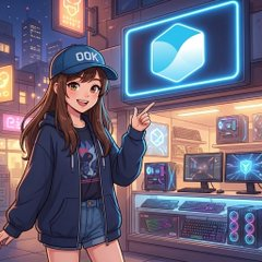 An anime-style illustration of a young woman wearing a black 'DOGE' cap and hoodie, standing in front of a store displaying the Dogecoin logo.