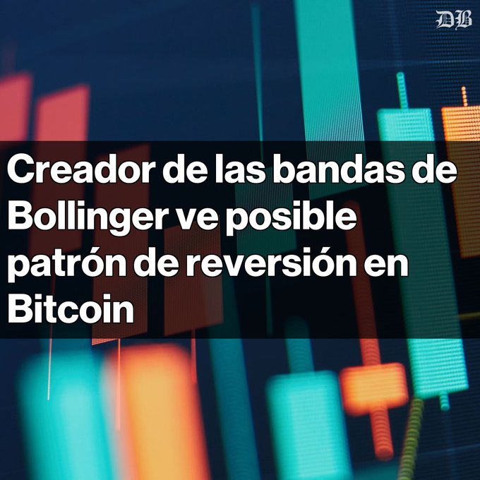 A news headline in Spanish reads 'Creador de las bandas de Bollinger ve posible patrón de reversión en Bitcoin' (Creator of Bollinger Bands sees possible reversal pattern in Bitcoin) overlaid on a stock chart background with the 'DB' logo in the corner.