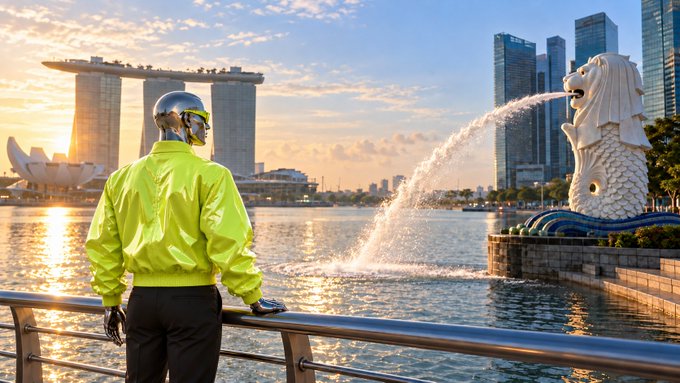 A worker in a yellow high-visibility jacket and hard hat gazes across Marina Bay in Singapore, with the iconic Merlion statue spouting water on the right and the Marina Bay Sands hotel in the background, suggesting global expansion or international ambition that aligns with the "Big Week" theme for GM.