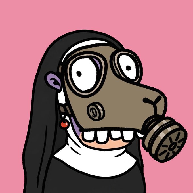 A cartoon character dressed as a nun wearing a gas mask, set against a pink background. The surreal, satirical image pairs with the post's "Good morning to NFT lovers" message, humorously suggesting protection is needed from the chaotic NFT world.