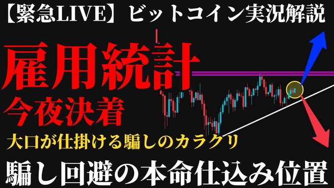 A Japanese promotional thumbnail for a live Bitcoin analysis stream featuring a candlestick chart, with bold red and yellow text announcing "雇用統計 今夜決着" (Employment Statistics Decided Tonight) and "大口が仕掛ける騙しのカラクリ" (The Trap Set by Big Players), indicating the stream covers US employment data's impact on cryptocurrency markets.
