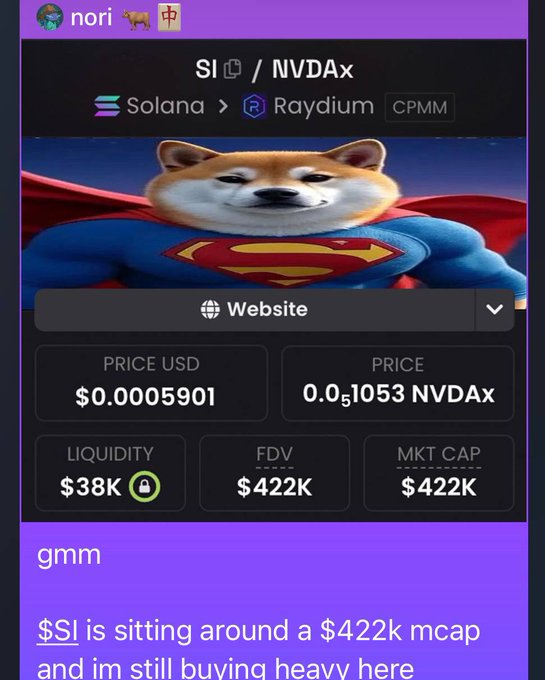 A social media post by user "nori" promotes the $SI/NVDAx memecoin, showing a Shiba Inu dressed as Superman with a price of $0.0005901 USD, a $422K market cap, and $38K liquidity, while the trader brags "$SI is sitting around a $422k mcap and im still buying heavy here." The post exemplifies the kind of enthusiastic memecoin trading call that the accompanying caption praises the trader for, highlighting the $422K market cap figure the user references.