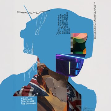 An abstract digital art piece featuring a blue silhouette of a person wearing a reflective purple visor, with the text 'LAUNDRY' and 'PRADA' visible on the figure.