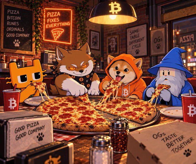 An illustrated scene depicts cartoon characters including a Shiba Inu dog, a smaller dog in an orange Bitcoin hoodie, and a wizard eating pizza together at a restaurant, with neon signs reading 'PIZZA BITCOIN RUINS ORDINALS GOOD COMPANY' and 'PIZZA FIXES EVERYTHING'.