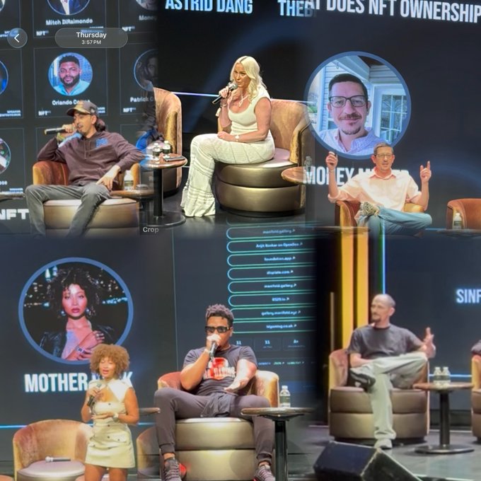 A panel at NFT_NYC features multiple speakers seated on stage, with the screen behind them displaying names such as "ASTRID DANG," "THE NFT OWNERSHIP," "Mitchbillman," "Orlando C..." and "MOTHER M..." alongside circular headshots of participants. The top half shows a woman in a white top holding a microphone alongside two men, while the bottom half features a woman in a white dress standing near a man in sunglasses holding a mic and another man seated in a gray shirt, with a list of social media handles visible on screen. The accompanying caption celebrates the speakers who shared their experiences and projects at the event, highlighting the connections made within the Web3 community.