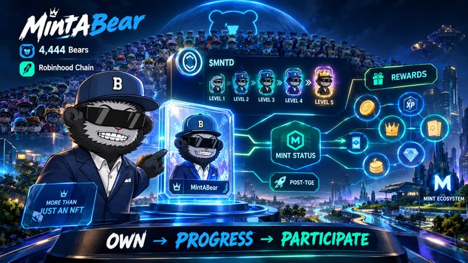 A vibrant promotional graphic for 'MintABear' featuring 4,444 Bears on Robinhood Chain, showing $MNTD token levels (1-5), rewards, and a bear mascot in a suit with the tagline 'OWN → PROGRESS → PARTICIPATE'.