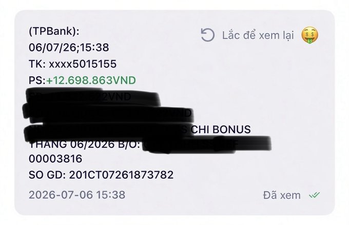 A TPBank notification showing a transaction on 06/07/26 at 15:38 with a positive balance change of +12,698,863VND, partially redacted.