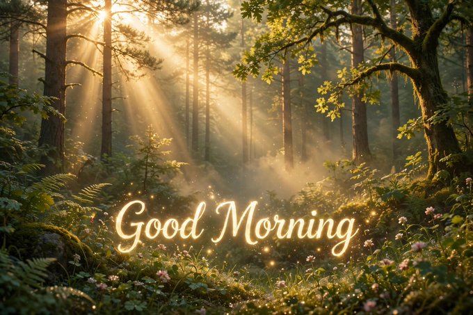 A digital illustration of a sunlit forest scene with light rays streaming through tall trees, featuring the glowing text 'Good Morning' surrounded by small floral elements.