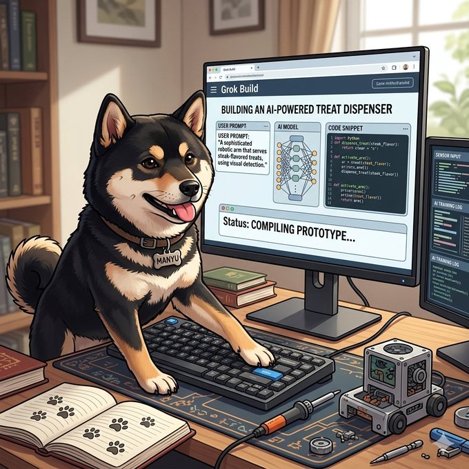 A digital illustration shows a Shiba Inu dog with a 'NANYU' tag at a desk with a keyboard, in front of a monitor displaying 'Grok Build - BUILDING AN AI-POWERED TREAT DISPENSER' with code snippets.