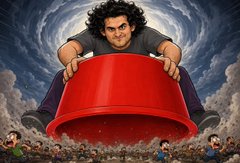 The image features a man with curly hair holding onto a large red bucket, surrounded by a crowd of people who appear to be either standing or sitting around him. The scene takes place outdoors under cloudy skies, giving an impression of a lively gathering or event. The presence of the bucket and the group of people suggests that this could be a social occasion or celebration where everyone is enjoying themselves together.