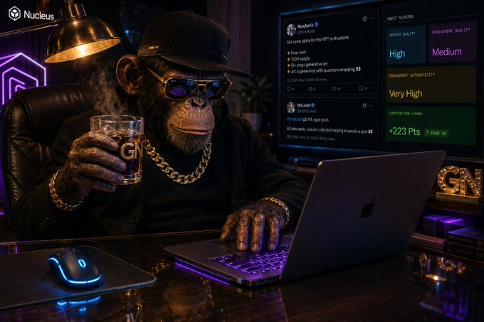 A stylized digital illustration of a chimpanzee wearing sunglasses, a cap, and a gold chain, holding a glass while using a laptop that displays the 'Nucleus' cryptocurrency analytics interface.