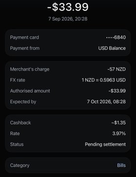 Revolut payment notification showing a -$33.99 USD transaction converted from -57 NZD with 3.97% cashback, categorized as Bills, dated 7 Sep 2026.