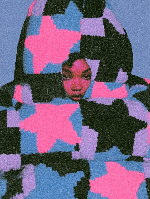 An artistic illustration features a woman's face emerging from a textured pattern of pink, blue, purple, and black geometric shapes on a blue background.