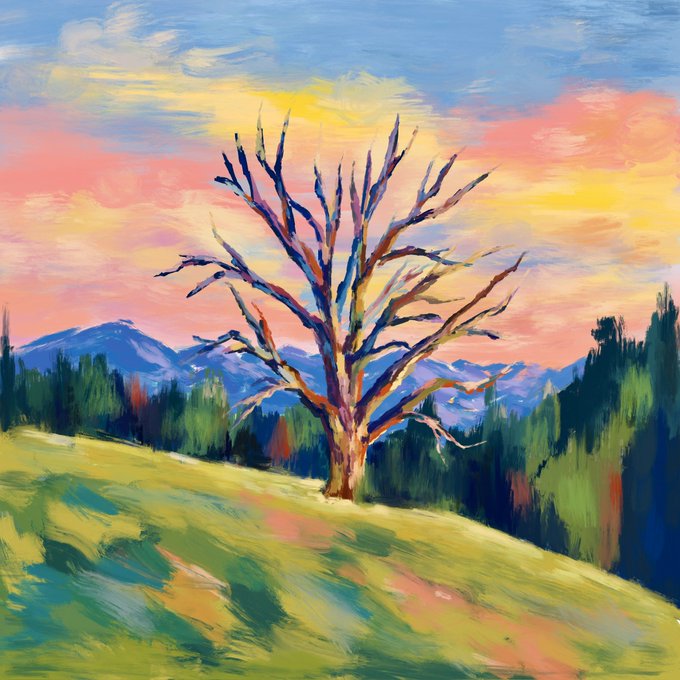An impressionist-style oil painting of a large bare tree with colorful, vibrant branches standing in a grassy field with mountains and a pink-and-yellow sunset sky in the background.