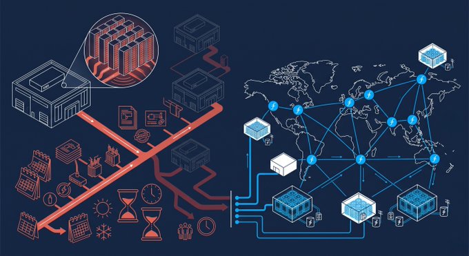 An isometric illustration depicts a red-highlighted local power grid and data centers on the left with icons representing time, energy, and infrastructure constraints, connecting via circuit lines to a blue-themed global network of interconnected data centers and a world map on the right. The image visualizes the lengthy 3-5 year timeline for data center power interconnection in constrained US and European markets, while contrasting it with Filecoin's ability to leverage already-connected power infrastructure distributed globally.