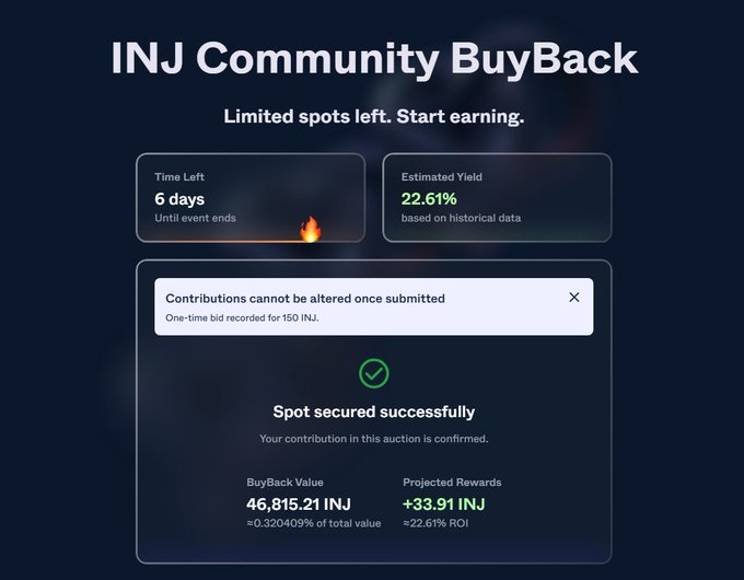 In the image, there is a screen of a webpage with text that reads "THE NEW INJCOMMUNITY BAYBACK IS LIVE! Commit your $INJ fasttttt It won't last for 5 mins". The website shows its current status in a green rectangle at the top. Below this, there are three lines of text with different colors: blue and purple on one side, and white and red on the other side. This indicates that it is currently open, and has live access to anyone viewing the image, as well as time left before closing.