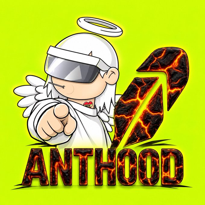 A cartoon angel character with a halo and visor points forward next to a fiery "V" symbol above the cracked, lava-textured text "ANTHOOD," promoting a giveaway for 3 guaranteed whitelist spots for the AntHood NFT mint on GraveMint.io.