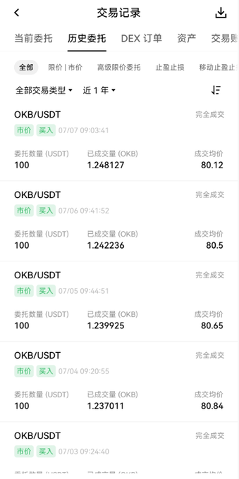 A Chinese cryptocurrency exchange transaction history page (交易记录) showing several completed OKB/USDT market buy orders over recent days with prices ranging from 80.12 to 80.84.