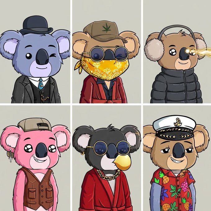 A grid of six cartoon koala illustrations dressed in various outfits including a suit with bowler hat, a bandana with sunglasses, a puffer jacket with earmuffs, a pink outfit with trucker hat, a red suit with sunglasses and gold chain, and a sailor uniform with Hawaiian shirt.