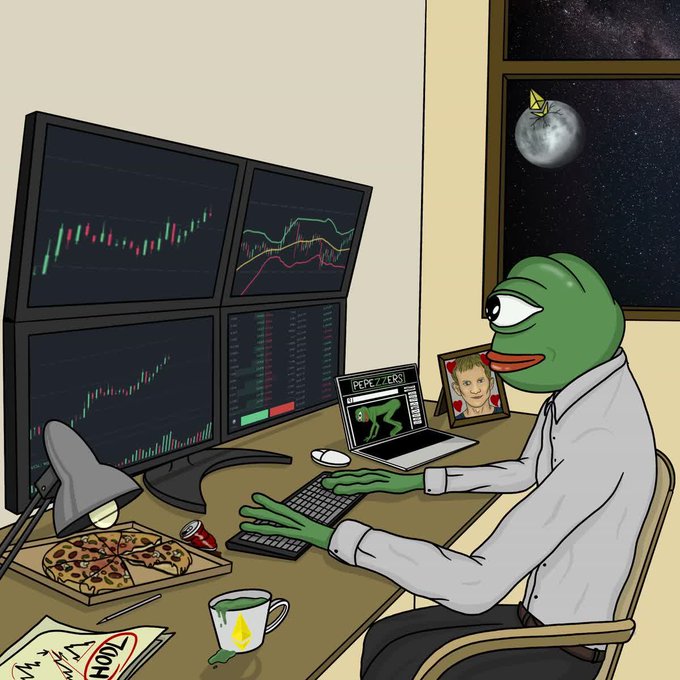 The image depicts the Pepe the Frog meme sitting at a desk wearing a dress shirt, intently monitoring cryptocurrency charts on multiple screens displaying PEPE/ZERO, with a laptop open and a pizza box and coffee mug nearby. Through the window behind him, the moon is visible in the night sky, with a small paper boat (a nod to the Dogecoin symbol) floating in front of it.