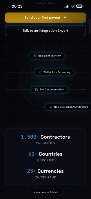 A mobile website screenshot for Pivium showing stats like '1,500+ Contractors Onboarded', '60+ Countries Supported', and '25+ Currencies On/Off Ramp'.