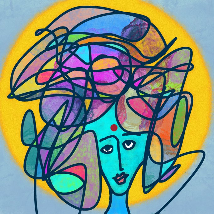 A colorful abstract drawing shows a turquoise-faced figure with dark hair, a red bindi, and leaf-like shapes against a yellow halo.