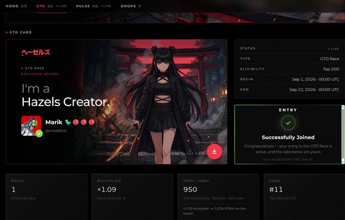 A webpage for 'Hazels' GTD Card showing an anime character in front of a Japanese shrine, with text 'I'm a Hazels Creator.' and stats showing a successfully joined GTD Race with 950 Total YORAI and Rank #11.