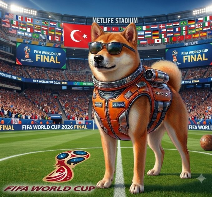 The image features a dog wearing an orange vest with a camera attached to its back, standing on a soccer field. The background of the image shows a stadium filled with people watching a soccer game, as well as various flags representing different countries. The caption for the image reads "Good morning Wishing everyone plenty of gains, especially the #worldcup #meme #solana #btc".