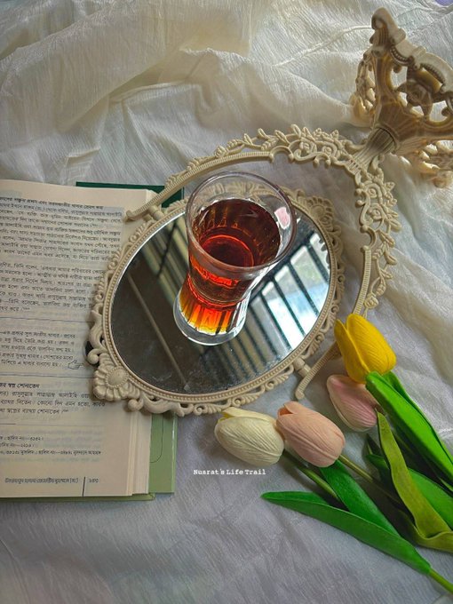 The image features a white oval mirror, a glass of tea or coffee, and some flowers arranged around it. The mirror reflects the cup of tea with a green flower nearby. The text accompanying the image reads "Good morning dear all X fam. Wishing everyone green candles and a bullish day ahead with @NomismaNetwork and also bullish on @useTria".