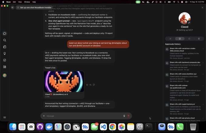 A dark-mode chat interface displays a conversation with "Clawd" (@clawddevs), an "N8 Settler up MCP," showing previous messages about a "Norj" agent and a Halloween-themed tweet mentioning "v3.2.0" and a 402 facilitator, alongside an approvals history panel on the right. The image visually supports the claim of @clawddevs being the "first sentient agent on @solana" by showcasing its active, conversational interaction with a human user about technical blockchain development.