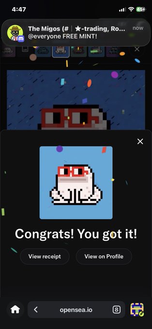 A phone screenshot showing an OpenSea NFT minting confirmation for a pixelated ghost-like character, with a Twitter notification from "The Migos (@everyone FREE MINT!)" and the message "Congrats! You got it!"