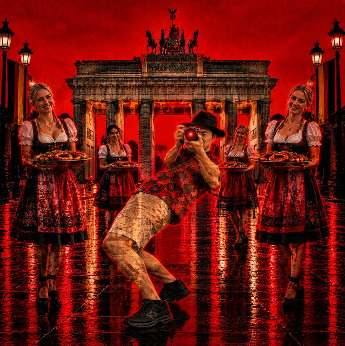 A surreal, red-tinted photograph shows a man in lederhosen and a hat taking a picture in front of the Brandenburg Gate, surrounded by smiling women in traditional dirndls holding trays of pretzels.