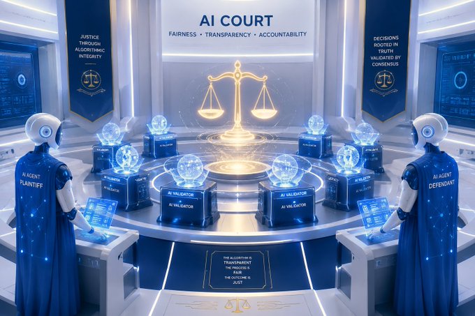 We need to write a concise 1-2 sentence caption describing the image, include key text, numbers, tickers, names visible. Then note how the image relates to the post. The post mentions $9 trillion, agentic economy, agents making decisions, executing trades, handling workflows, and dispute side. The image shows AI Court with AI agents (plaintiff, defendant, validator) and scales of justice, fairness, transparency, accountability. So caption: "A futuristic AI Court where AI agents—plaintiff, defendant, and validator—stand before a glowing scale of justice, embodying fairness, transparency, and accountability." Include visible text: "AI COURT", "FAIRNESS • TRANSPARENCY • ACCOUNTABILITY", "JUSTICE THROUGH ALGORITHMIC INTEGRITY", "DECISIONS ROOTED IN TRUTH VALIDATED BY CONSENSUS", "AI