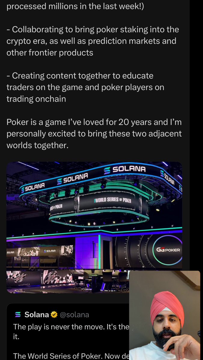 The image shows a man wearing a pink turban, sitting next to his phone screen with a caption about a meme related to the social media account @solana. The caption reads "Bullish on @solana and the future ahead". This meme is likely related to the post about creating content together to educate trading poker players on the game and other frontiers in the industry, as well as collaborating with others for a better understanding of the markets and products.