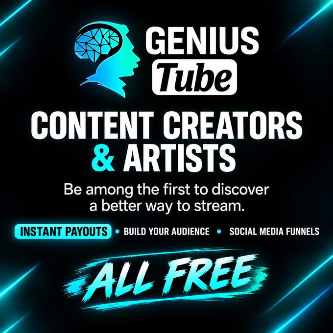 Promotional graphic for 'Genius Tube' targeting content creators and artists, featuring a brain-in-head logo and text highlighting instant payouts, audience building, social media funnels, and 'ALL FREE' streaming.