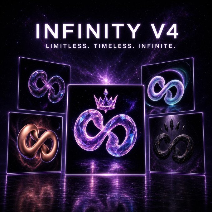 A promotional graphic titled 'INFINITY V4' with the tagline 'LIMITLESS. TIMELESS. INFINITE.' showing five infinity symbol designs in purple, gold, copper, and black with cosmic/galaxy themes.