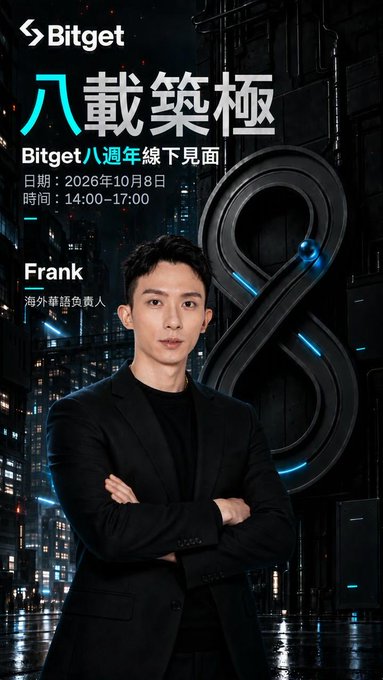 A Bitget promotional poster with Chinese text announcing their 8th anniversary offline meetup on October 6, 2026, featuring a man named Frank, identified as the Head of Overseas Languages.